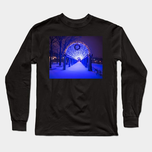 Christopher Columbus Park Trellis lit up for Christmas Snowstorm Boston MA Bench Long Sleeve T-Shirt by WayneOxfordPh